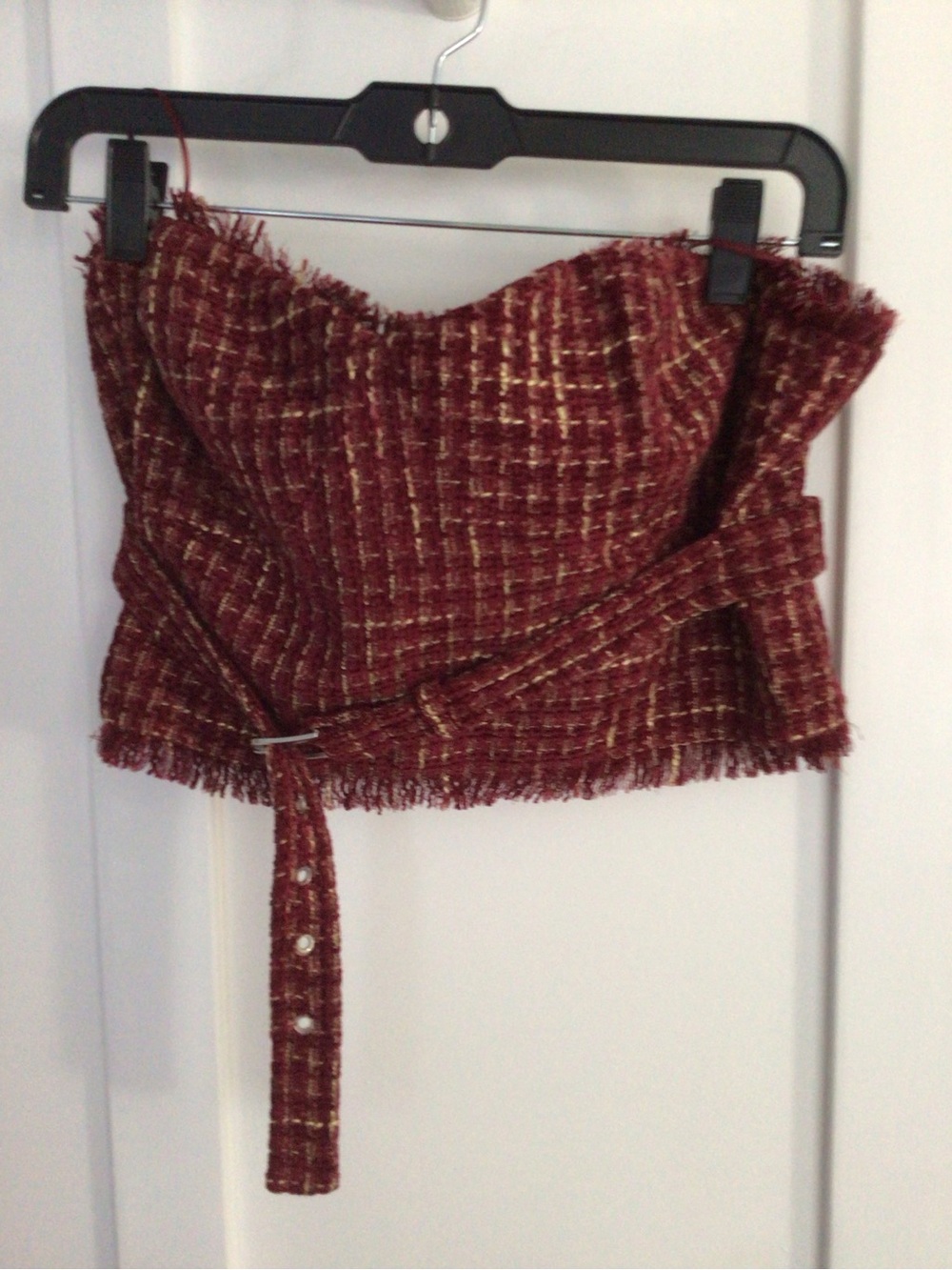 Womens Red Tweed Strapless Belted Crop Top size Large